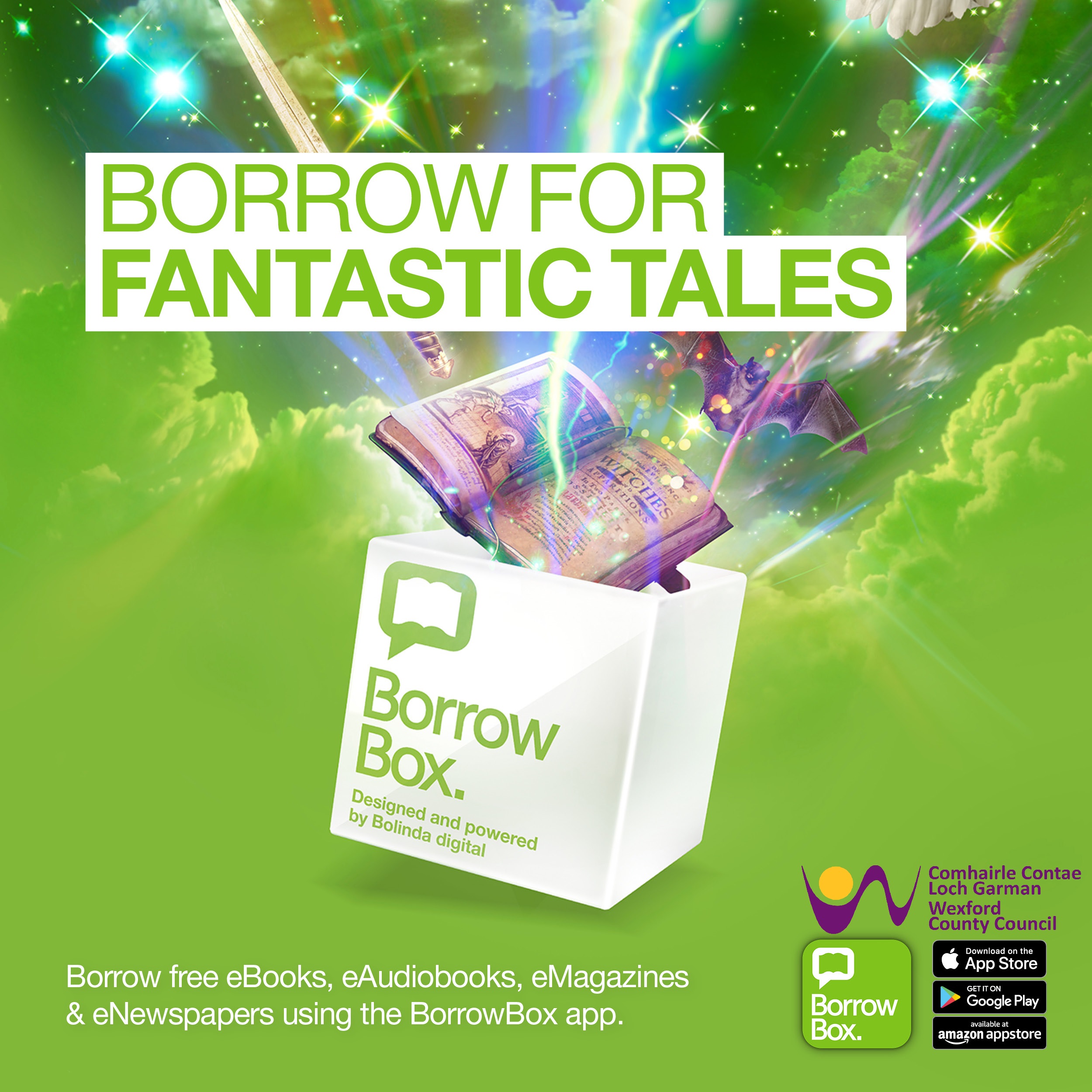 Borrow free eBooks, eAudiobooks, eMagazines and eNewspapers using the BorrowBox app